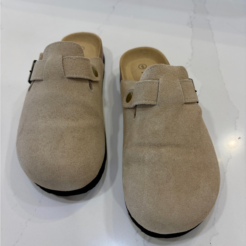 Beige Suede Slip-On Clogs